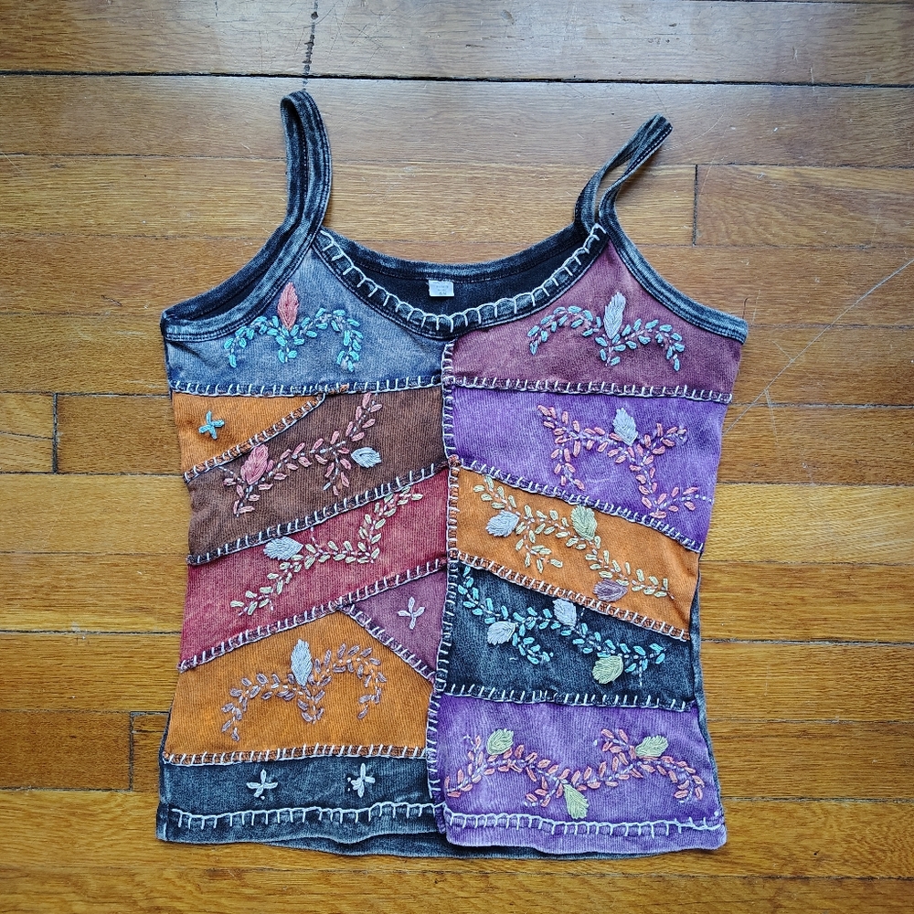 Y2K Colorful Patchwork Tank Top Bohemian Hippie Artsy Cotton Small Medium Boho